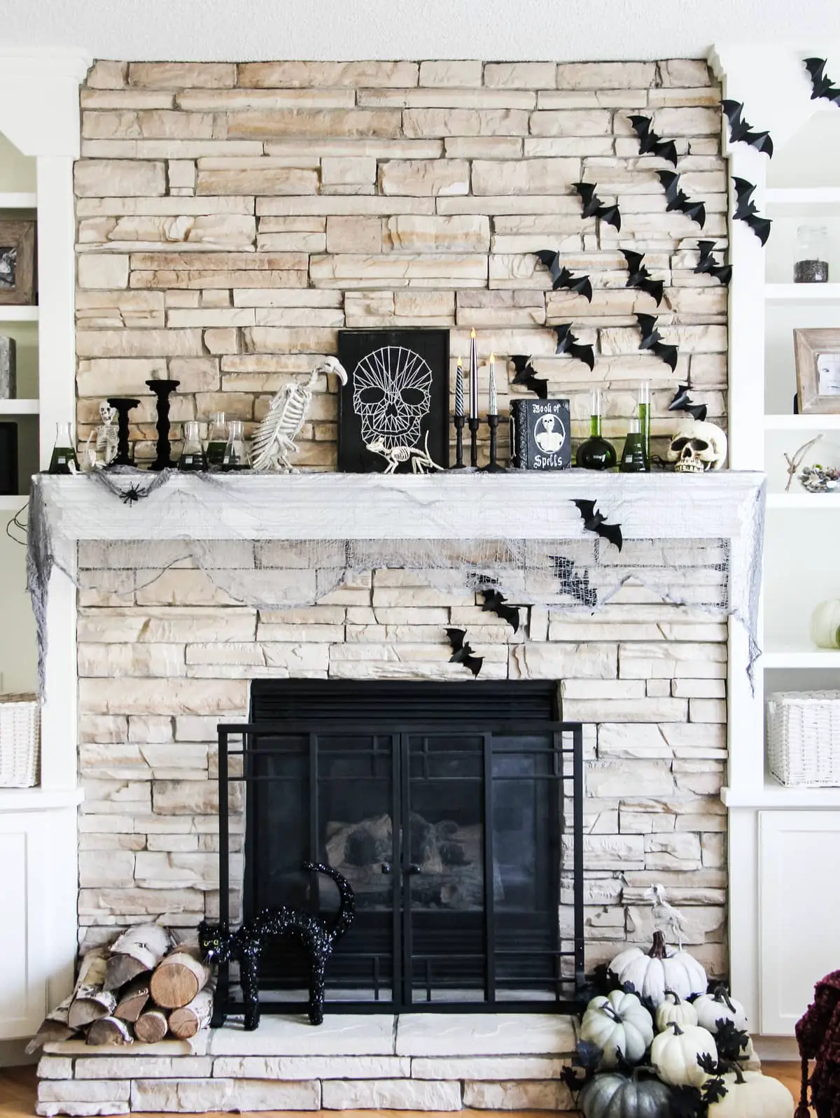 mantel with lots of bats and animal skeletons