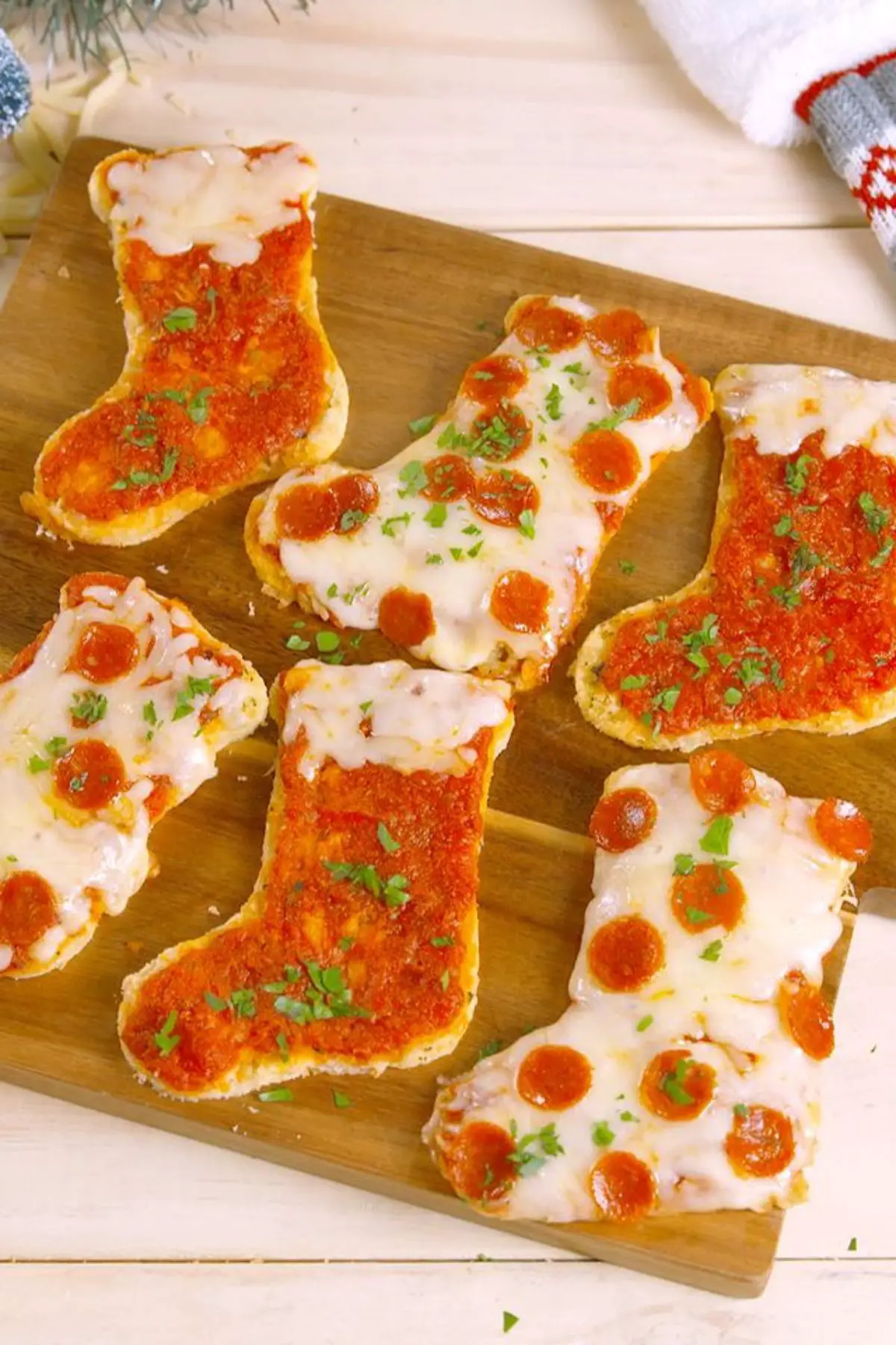 Pizzas in the shape of Christmas stockings