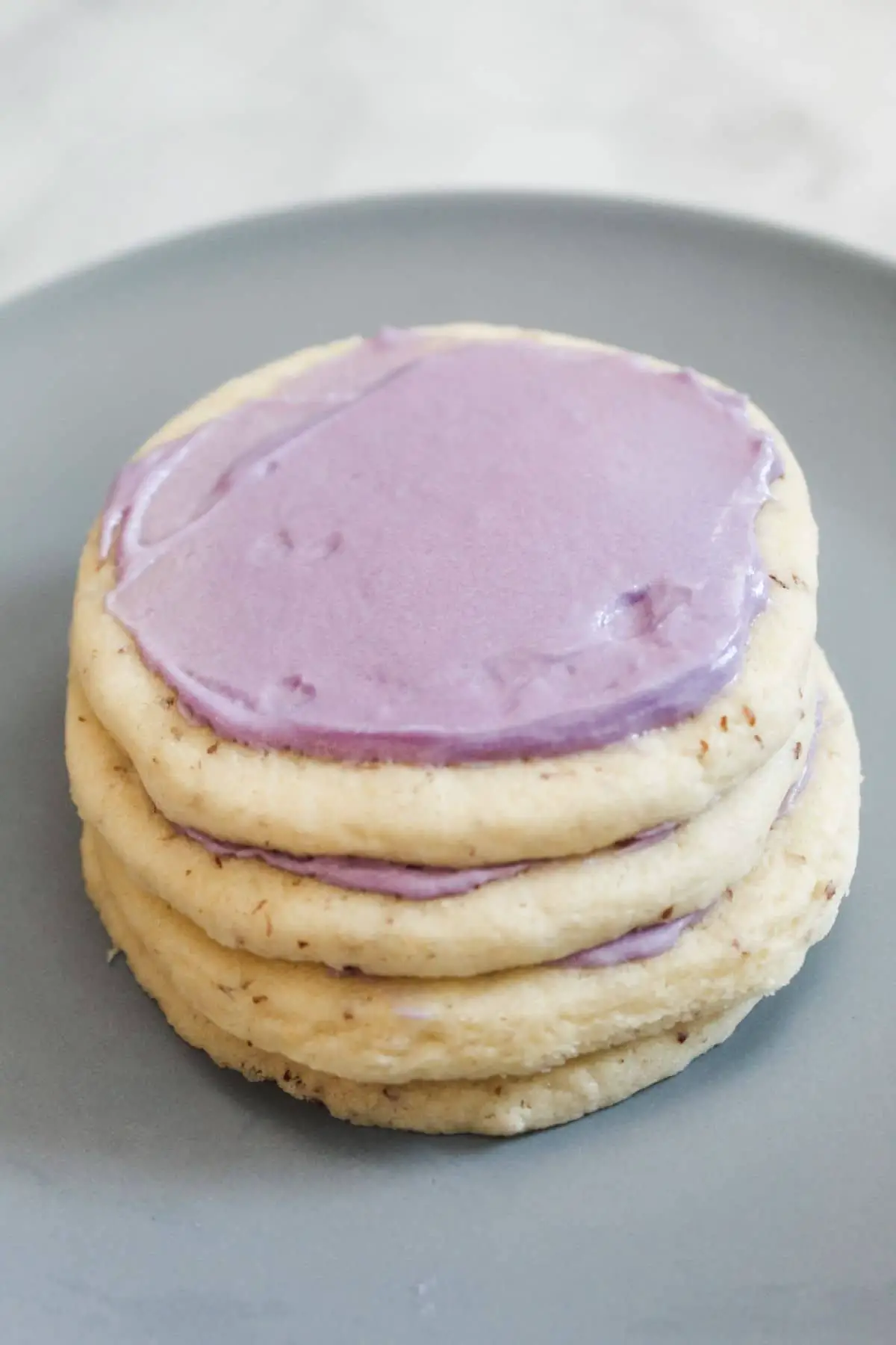 vegan sugar cookie recipe with purple frosting